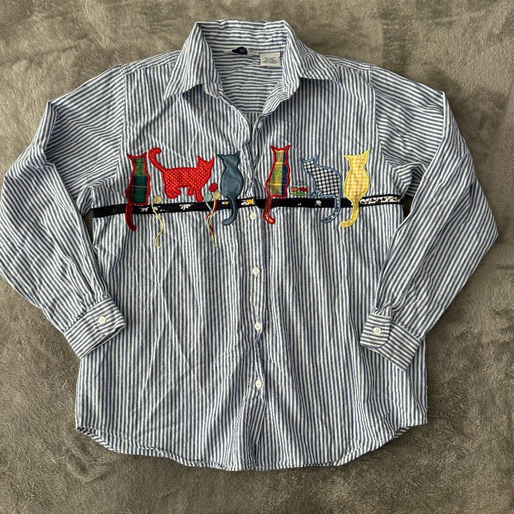 Two Twenty Button Down Cat Applique Shirt Blouse Top Women's 10 M